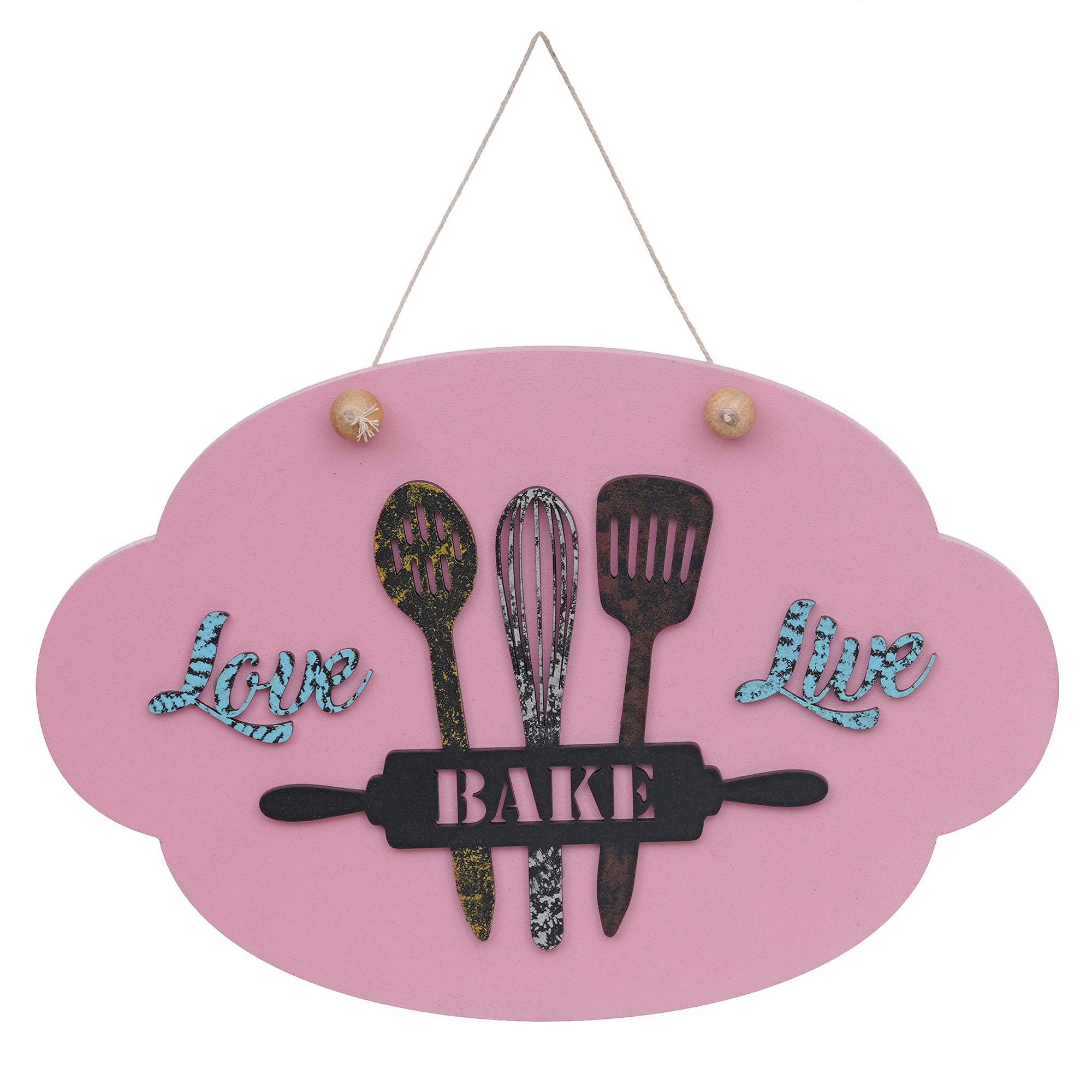 eCraftIndia Pink, Black, & Blue Wooden "Love Bake Live" Wall Hanging Showpiece 2