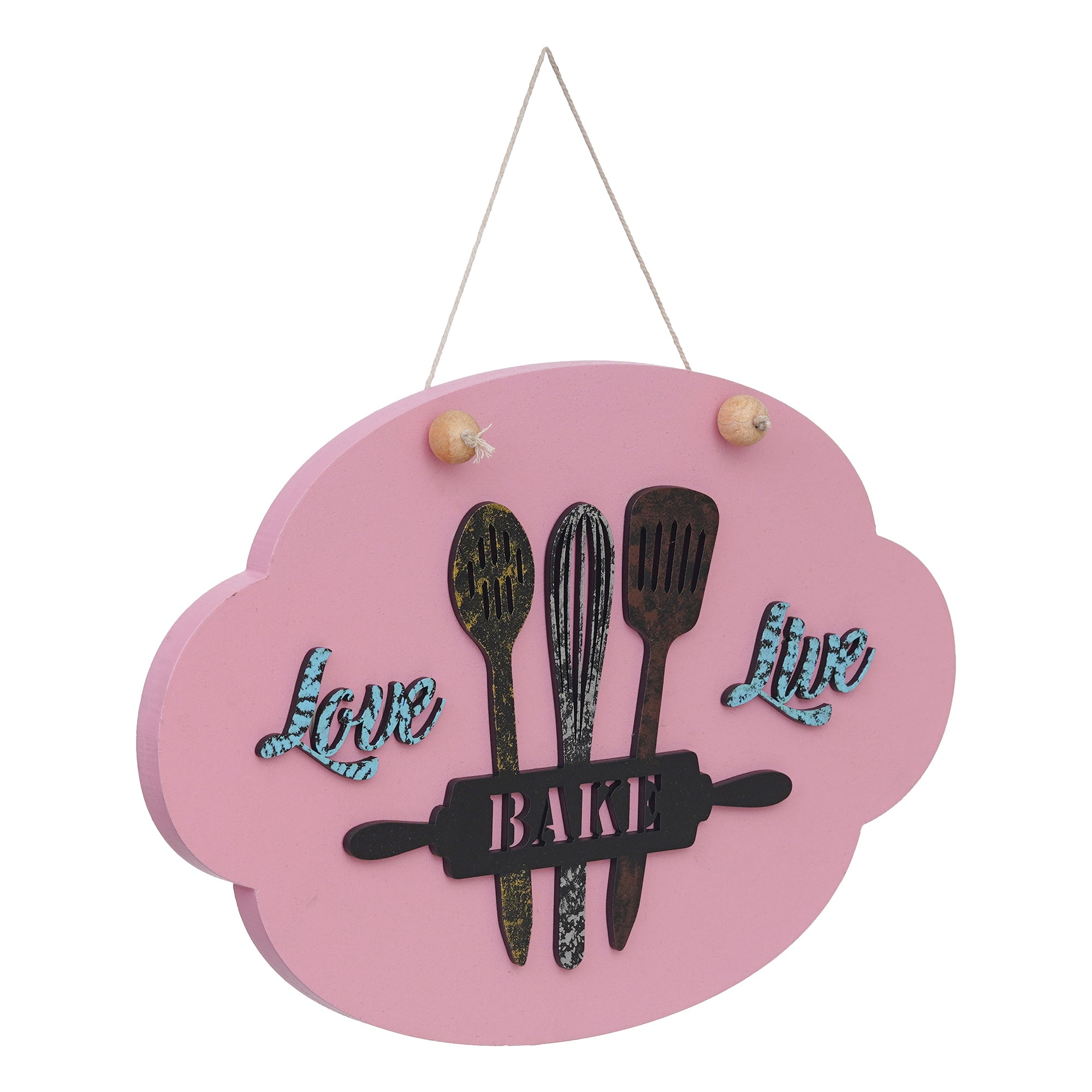 eCraftIndia Pink, Black, & Blue Wooden "Love Bake Live" Wall Hanging Showpiece 4