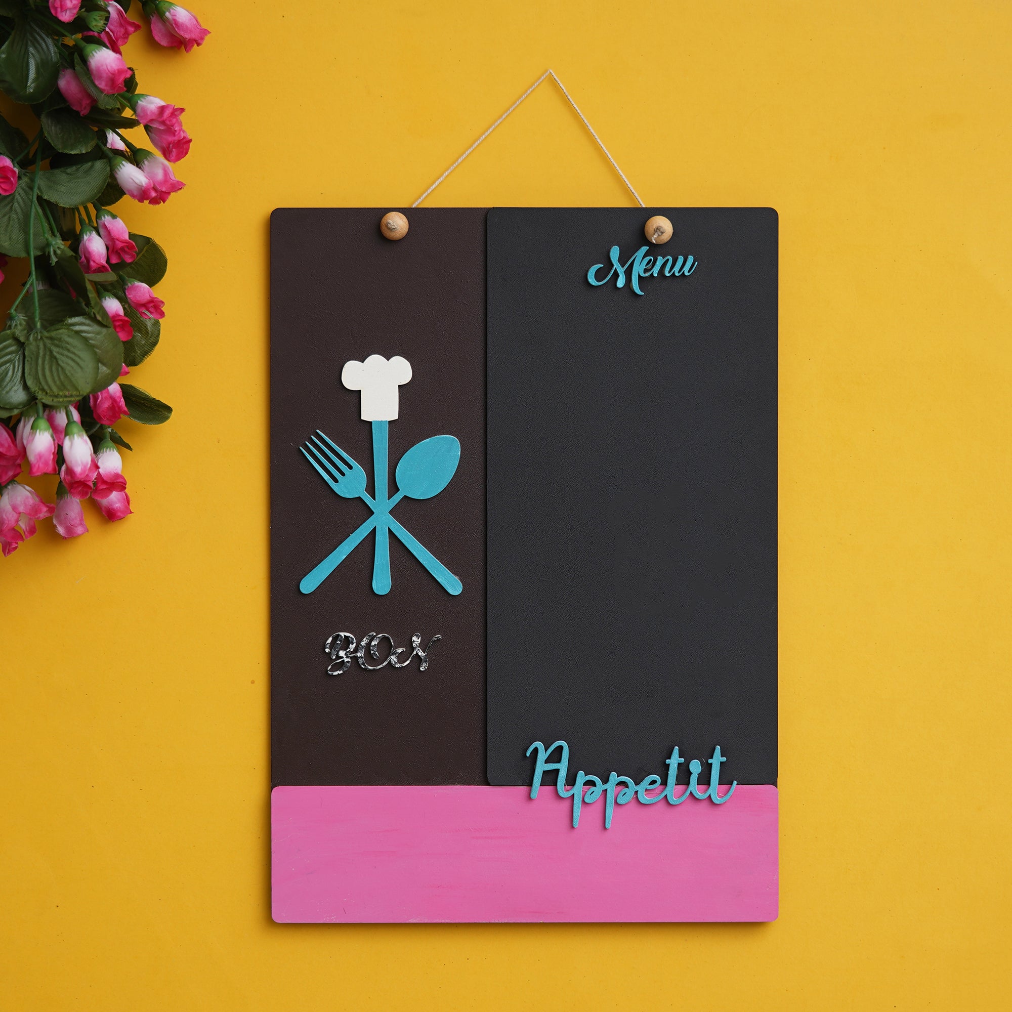 eCraftIndia Black, Pink & Blue Wooden "Menu Bon Appetit" Wall Hanging Showpiece
