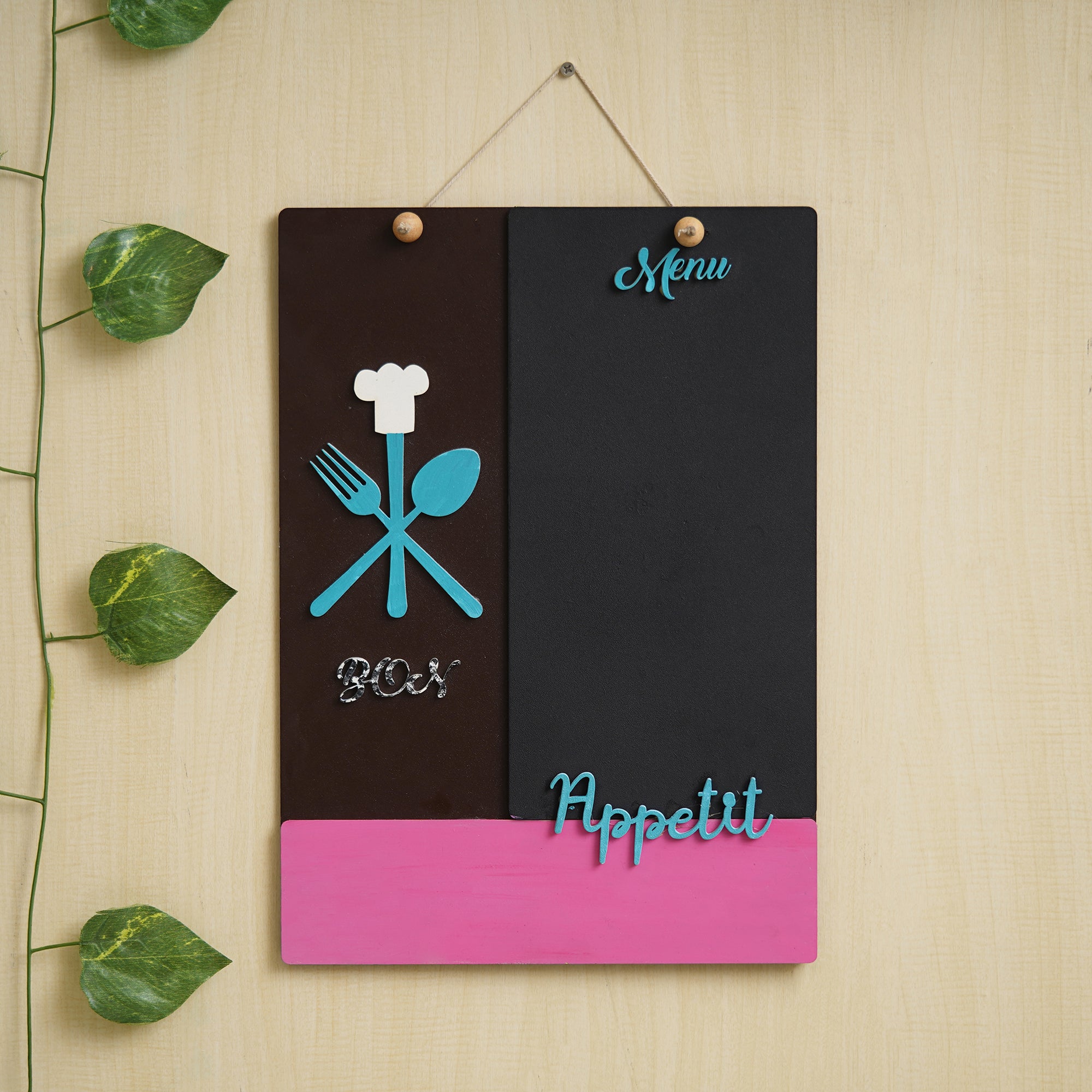 eCraftIndia Black, Pink & Blue Wooden "Menu Bon Appetit" Wall Hanging Showpiece 1