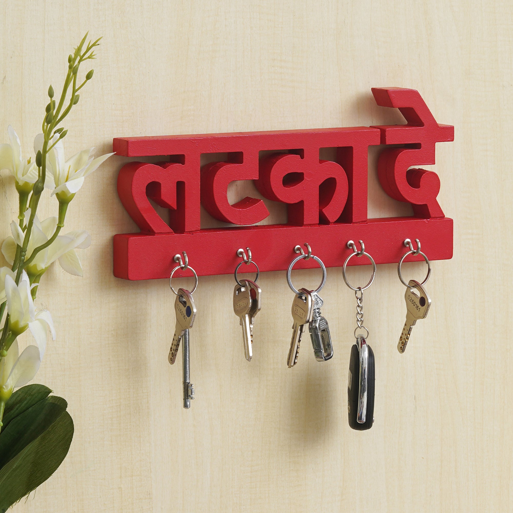 eCraftIndia Red "Latka De" Decorative Wooden Cutout Key Holder with 3 Key Hooks For Wall