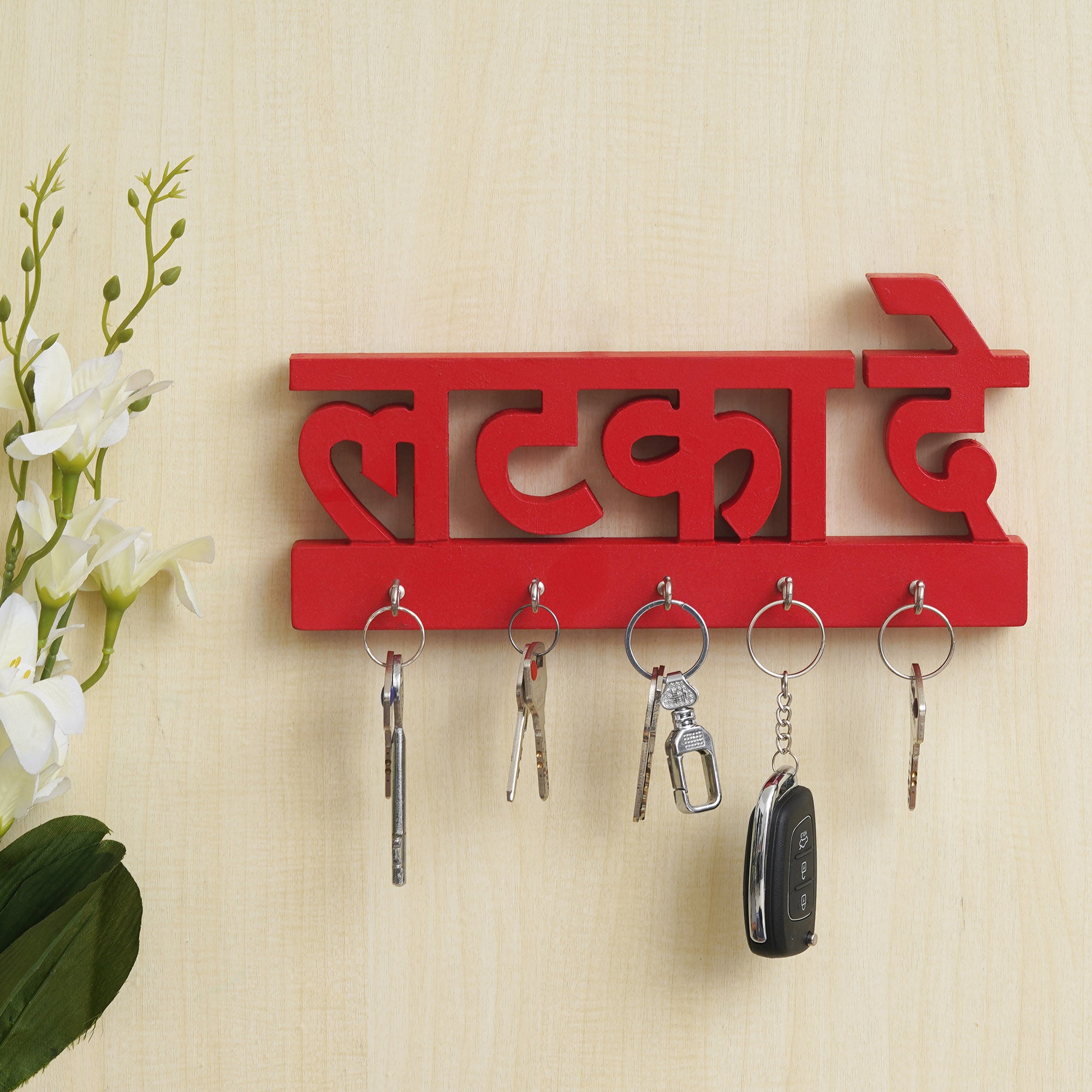 eCraftIndia Red "Latka De" Decorative Wooden Cutout Key Holder with 3 Key Hooks For Wall 4
