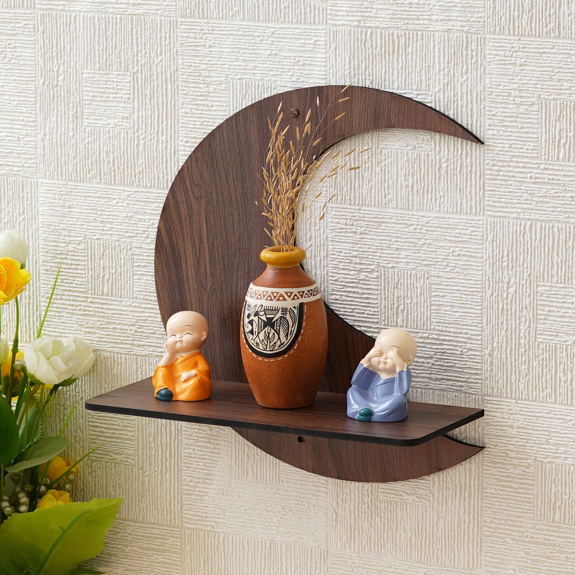 eCraftIndia Brown Moon Shape Designer Wooden Wall Shelf 1