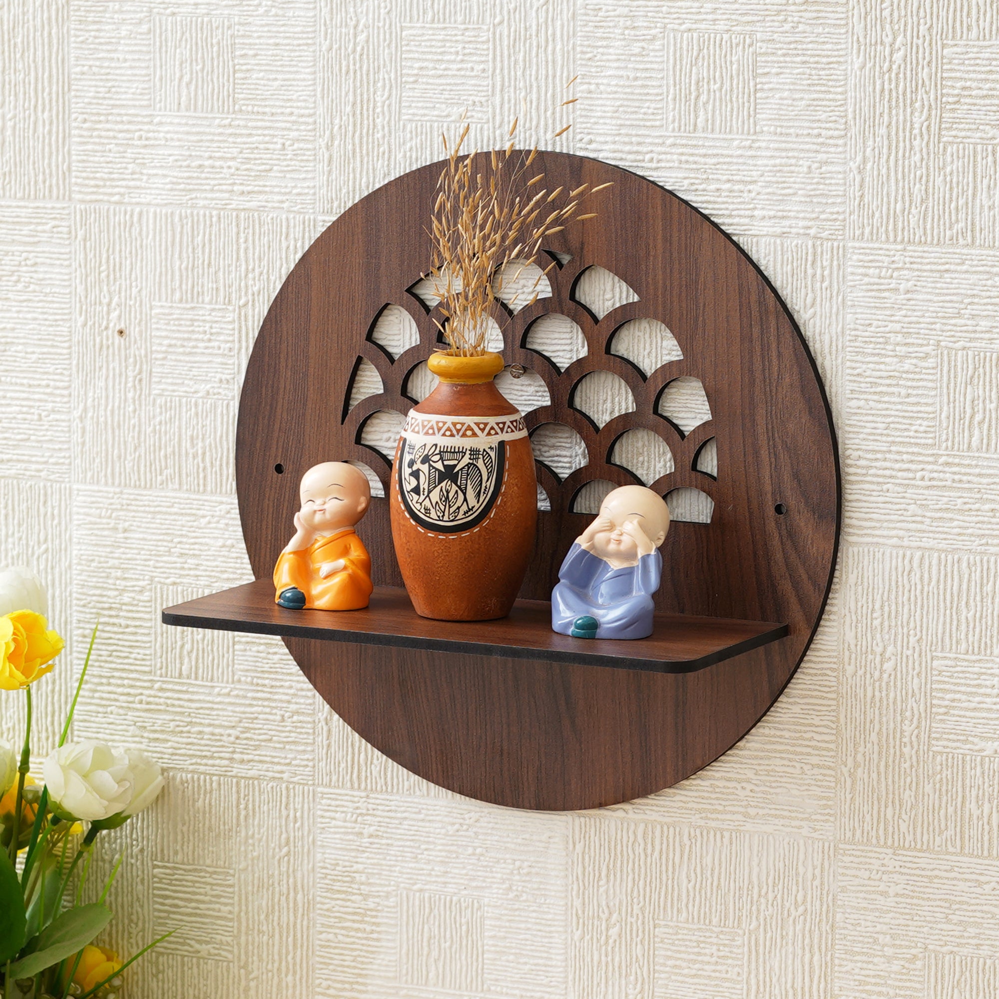 eCraftIndia Brown Round Shape Designer Wooden Wall Shelf 1