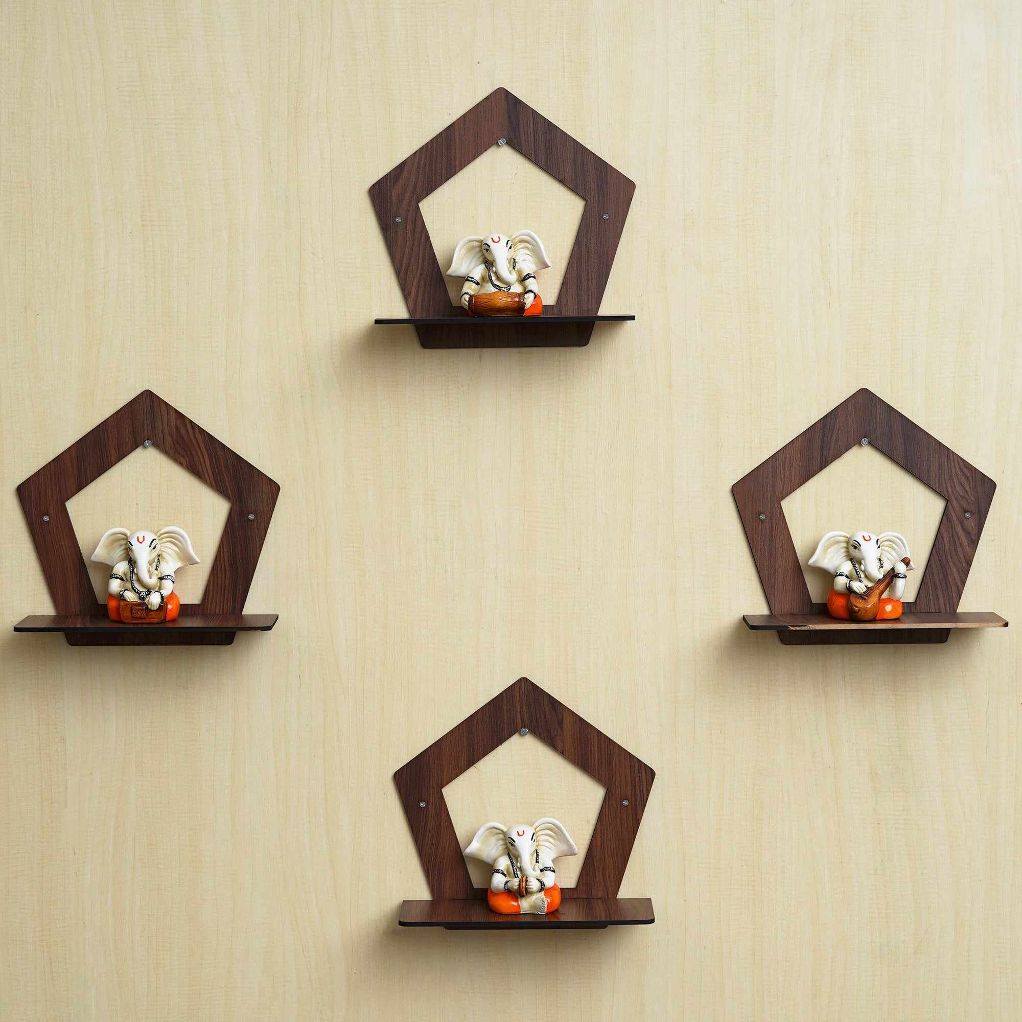 eCraftIndia Set of 4 Brown Pentagon Shape Wooden Wall Shelves