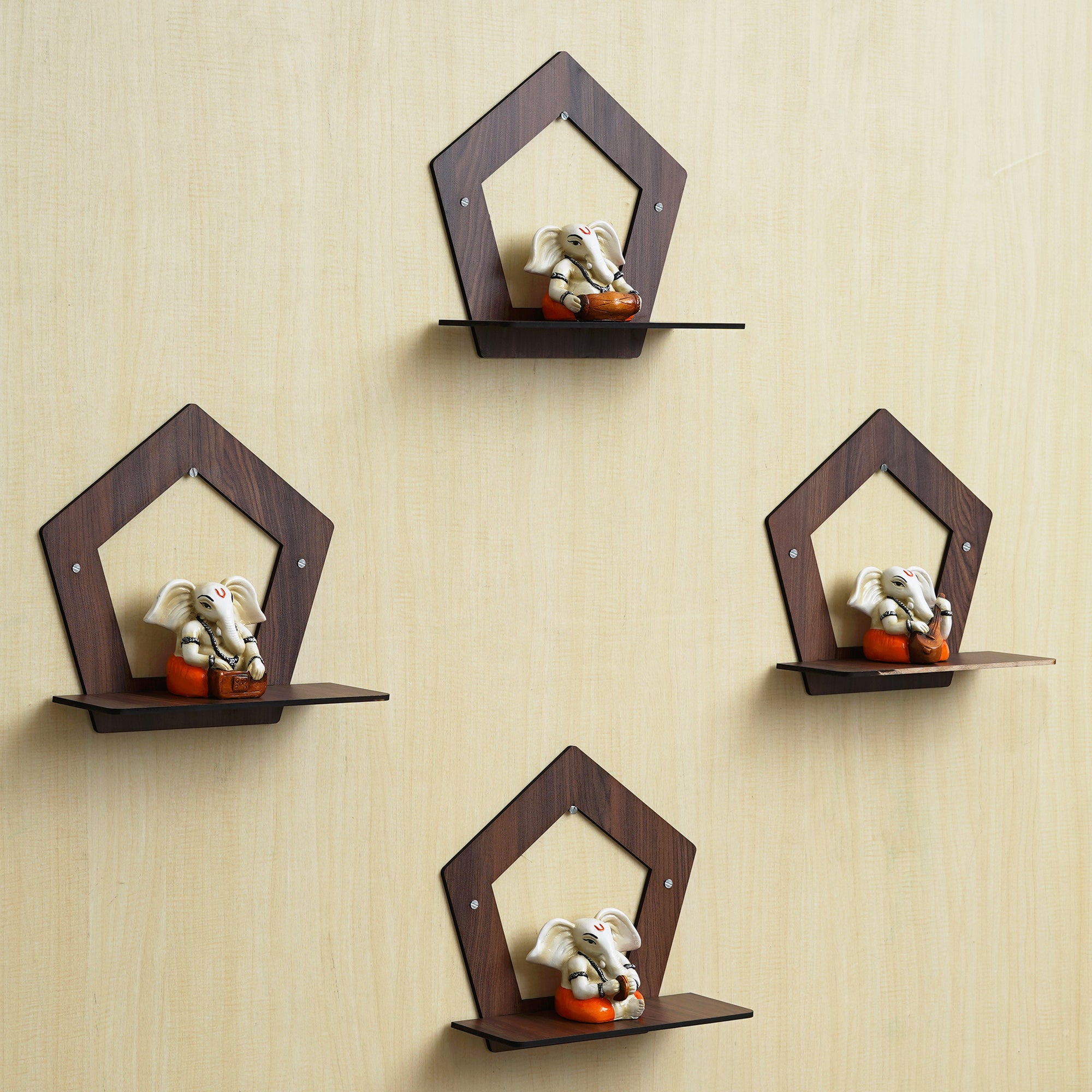 eCraftIndia Set of 4 Brown Pentagon Shape Wooden Wall Shelves 1