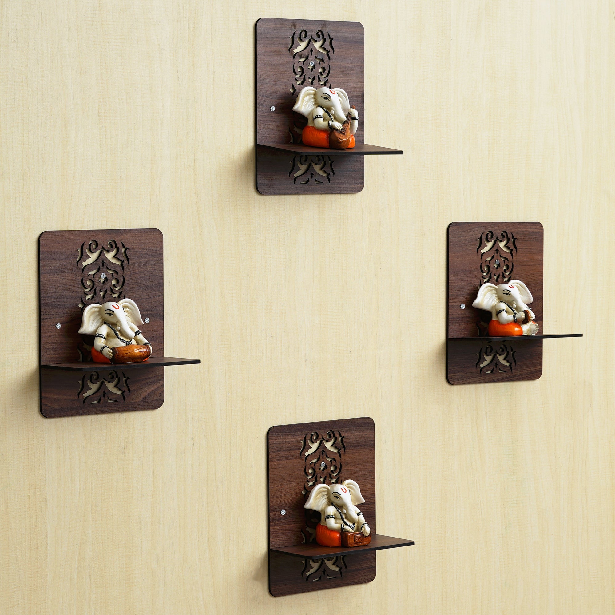 eCraftIndia Set of 4 Brown Rectangle Shape Designer Wooden Wall Shelves 1