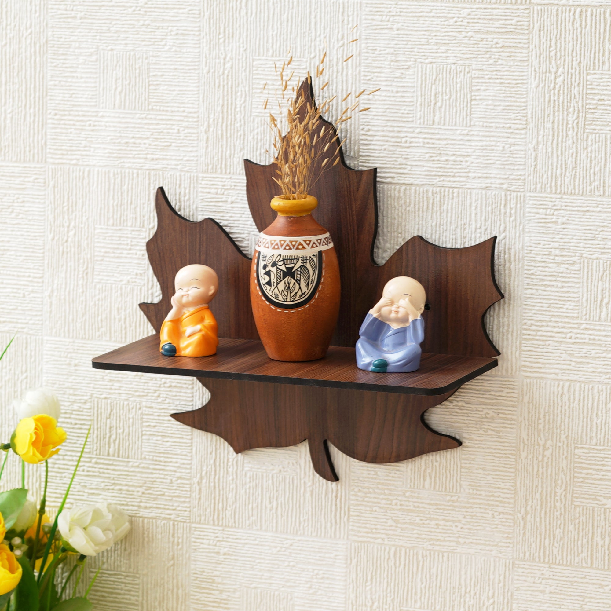 eCraftIndia Brown Leaf Shape Designer Wooden Wall Shelf 1