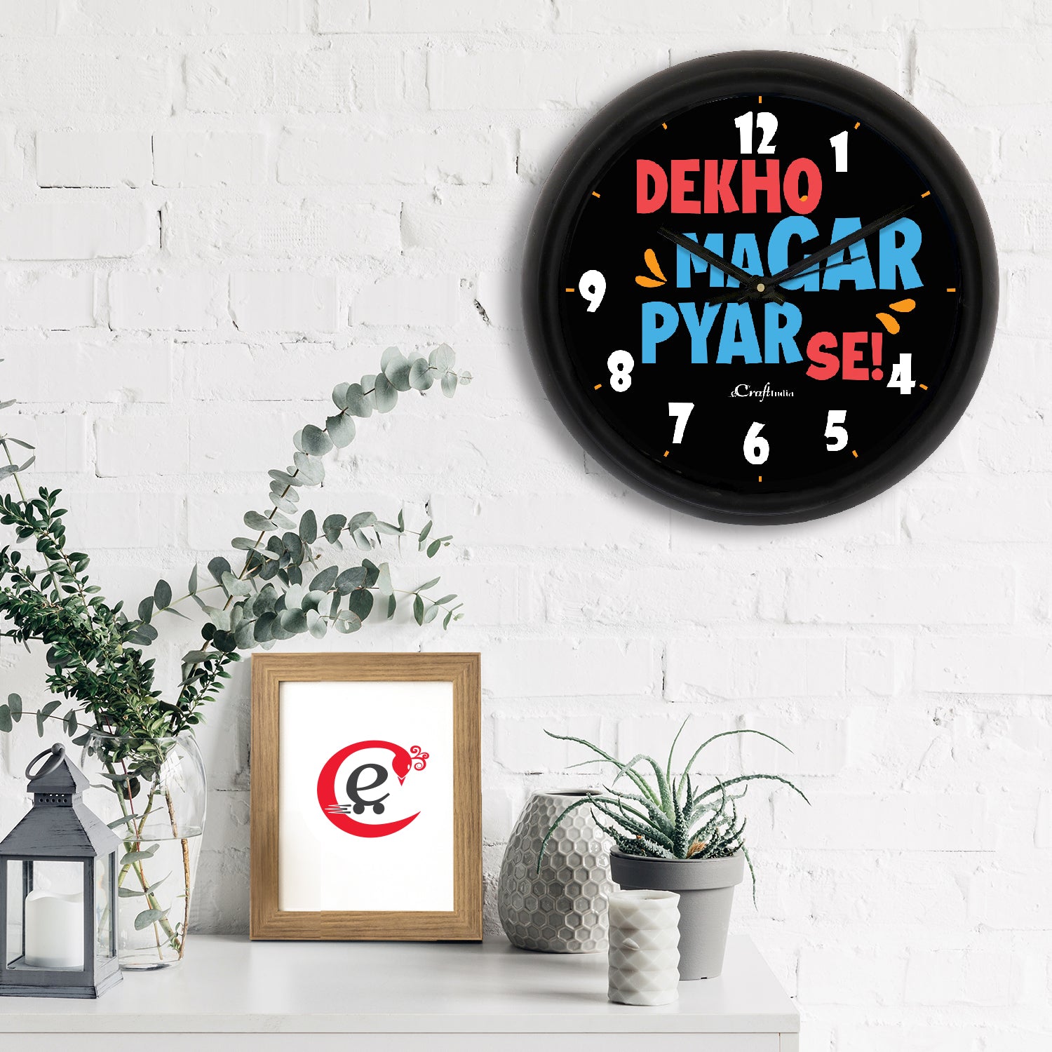 "Dekho Magar Pyaar Se" Black Designer Round Analog Black Wall Clock 1